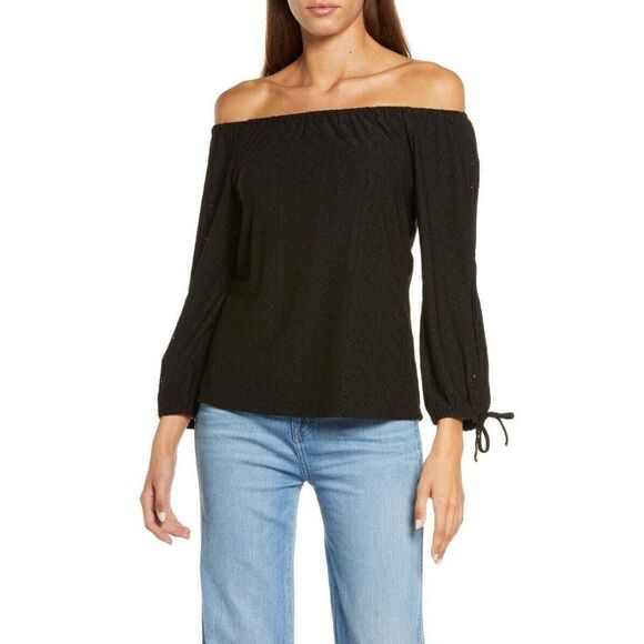 Vince Camuto Off Shoulder Eyelet Top In Black Long Balloon Sleeves Women Sz L - Picture 1 of 11